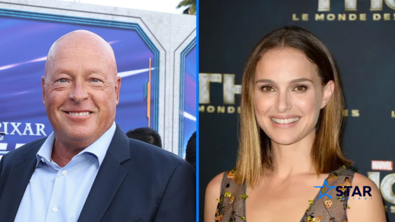 Bob Chapek and Natalie Portman representing Disney leadership and Hollywood entertainment.